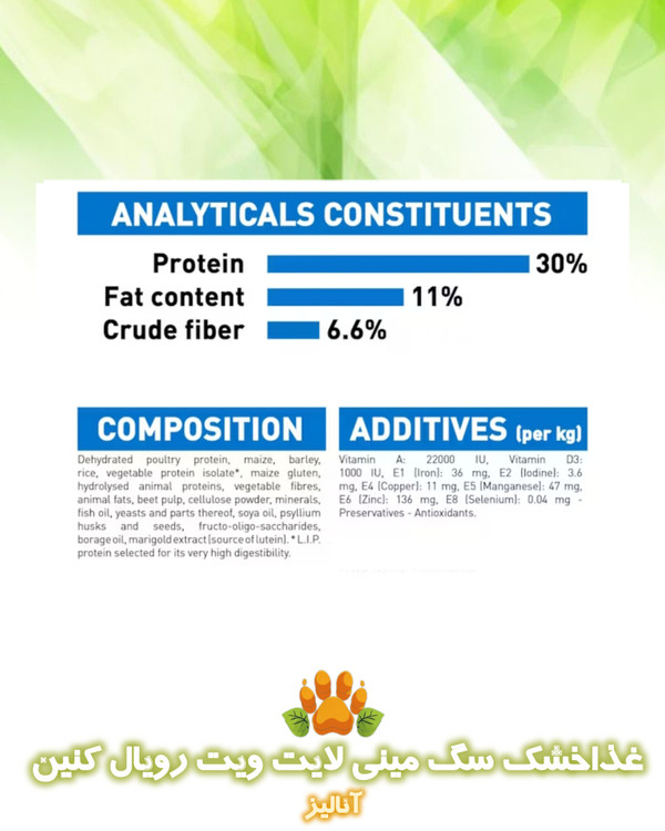 آنالیز غذای خشک سگ مینی لایت ویت کر رویال کنین royal canin mini light weight care